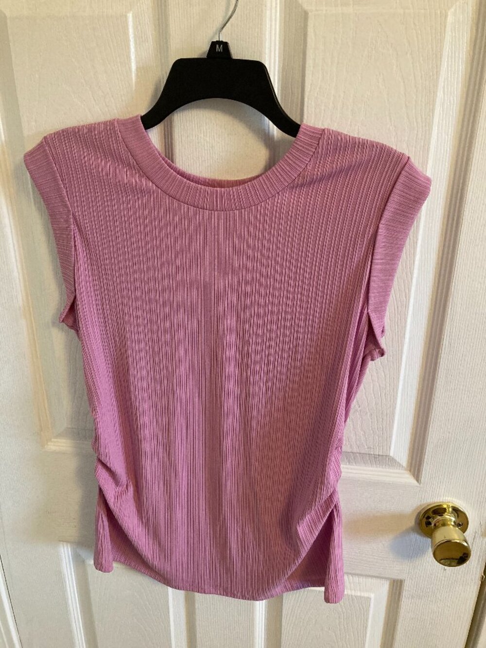 Nine West Cap Sleeve Top Size Large Pink Ribbed Ruched